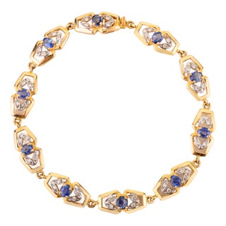 Vintage Style 18k Yellow Gold 1.65Ct Sapphire & Diamond Link Bracelet for Women For Sale