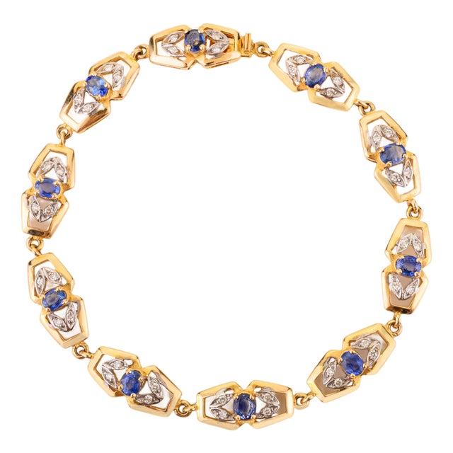 Vintage Style 18k Yellow Gold 1.65Ct Sapphire & Diamond Link Bracelet for Women For Sale