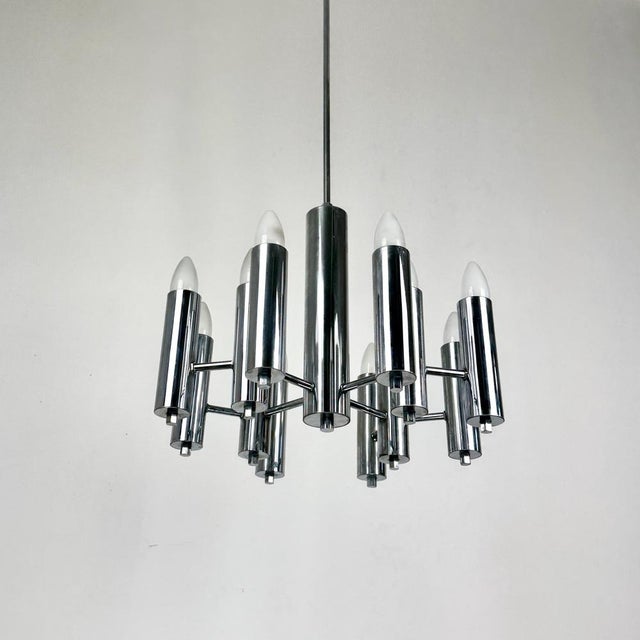 Silver Mid-Century Modern Italian Twelve Bulbs Chrome Tubes Chandelier by Gaetano Sciolari, 1970s For Sale - Image 8 of 9