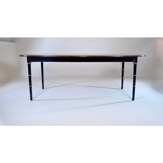 Hollywood Regency Baker Furniture Faux Bamboo Extendable Dining Table Black Lacquer With Gold Accents For Sale - Image 3 of 14