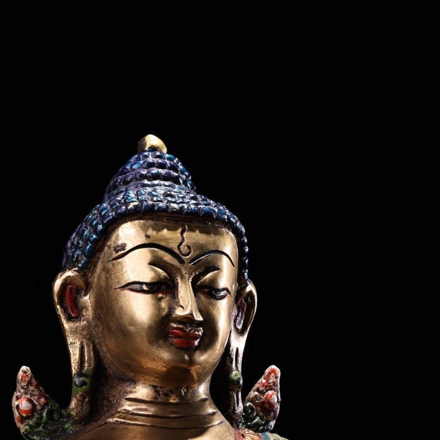 Late 20th Century Tibetan Style Gilt Bronze Medicine Buddha Statue With Turquoise Inlay For Sale - Image 4 of 9