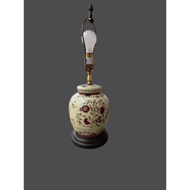 Hollywood Regency Oriental Ginger Jar Table Lamp With Red Leather Stiffel Lamp Shade For Sale - Image 3 of 5