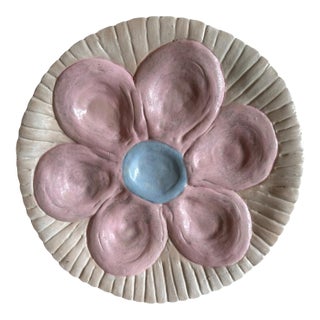 Vintage Hand-Painted Ceramic Oyster Serving Platter Pink Oyster Plate With Center Sauce Well Coastal Cottage Entertaining For Sale
