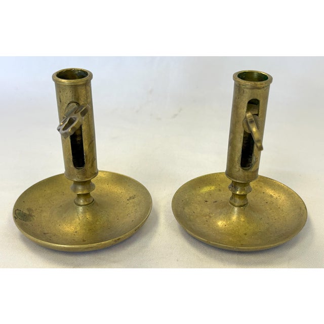 Signed Antique Brass Adjustable Height Push-Up Candleholders- A Pair For Sale - Image 4 of 10