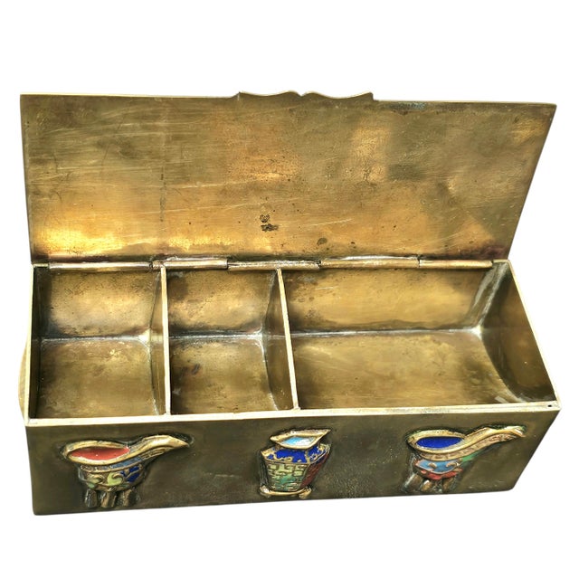 Chinese Early 20th-Century Chinese Brass Box With Applied Cloisonné Medallions (4.375"), Marked “China” For Sale - Image 3 of 14