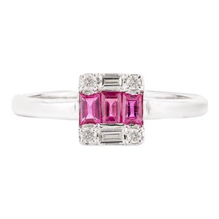 Dainty Ruby Baguette and Diamond Ring Studded in 14k Solid White Gold Size 7 For Sale