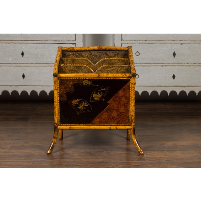 English 1900s Bamboo Leather Canterbury Magazine Rack with Chinoiserie Motifs For Sale In Atlanta - Image 6 of 12