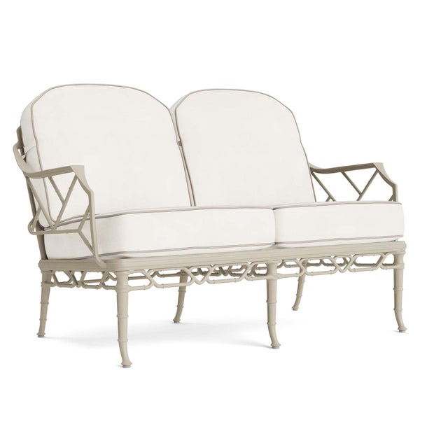 Brown Jordan Calcutta Loveseat in Titanium with Sea Salt and Dune Welt Cushions For Sale