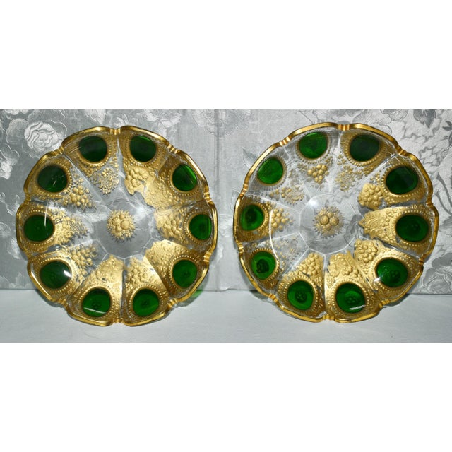 Art Nouveau Vintage Pair of Bohemian Moser Style Dishes Etched Emerald & Gold Glass For Sale - Image 3 of 13