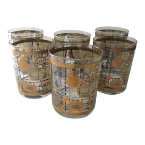 Mid-Century Modern Barware Old World Map Double Old Fashion Glasses- Set of 6