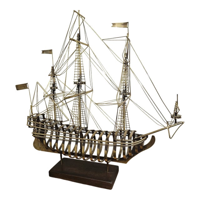 Brass Tall Ship Sculpture on Wooden Stand, Signed & Dated “C. Jere ’80” For Sale