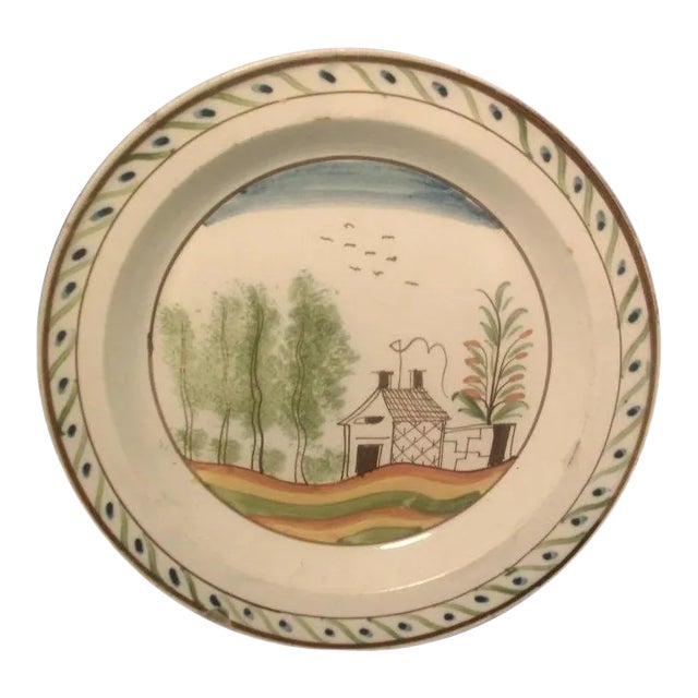18th Century English Creamware Polychomre Decorated Plate For Sale