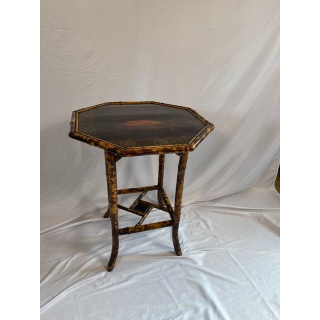 Antique English Bamboo Lacquered Octagonal Table | Aesthetic Movement Chinoiserie | Japanned Top, 28in Tall For Sale - Image 13 of 17