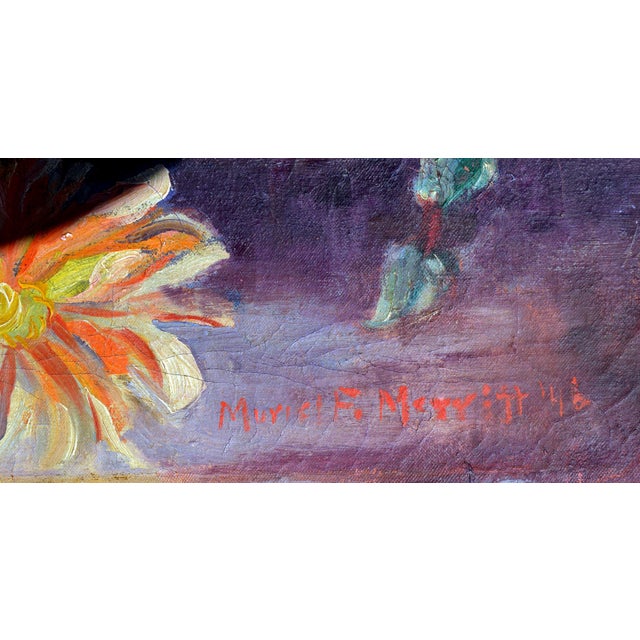 Basket of Summer Flowers Still Life, Oil on Canvas, Signed, 1946 by Muriel F. Merritt For Sale - Image 4 of 5