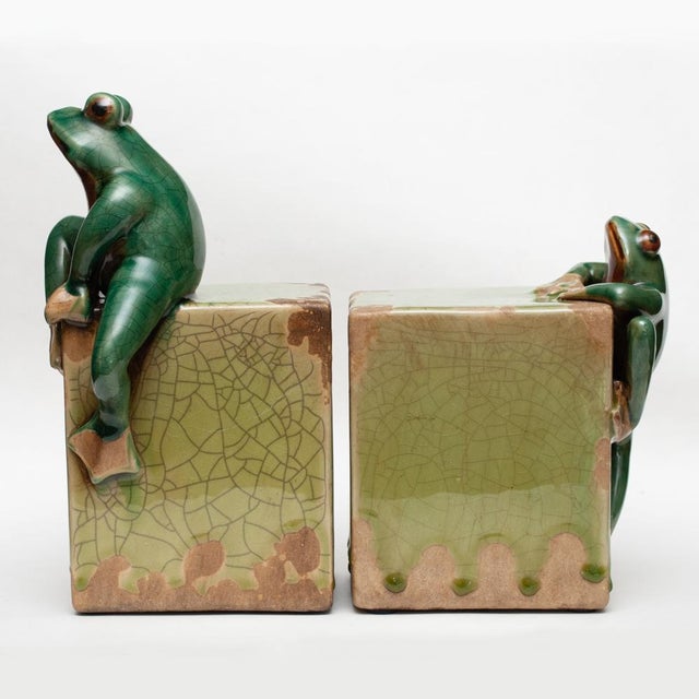 Mid Century Ceramic Crackle Glaze Sculptural Frog Bookends Pair Chairish