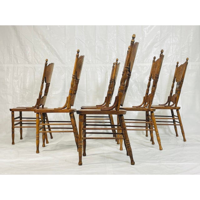 Oak Farmhouse Dining Chairs Set of 6, Carved Peacock Backs, Ronnoco 1978 For Sale In Los Angeles - Image 6 of 18