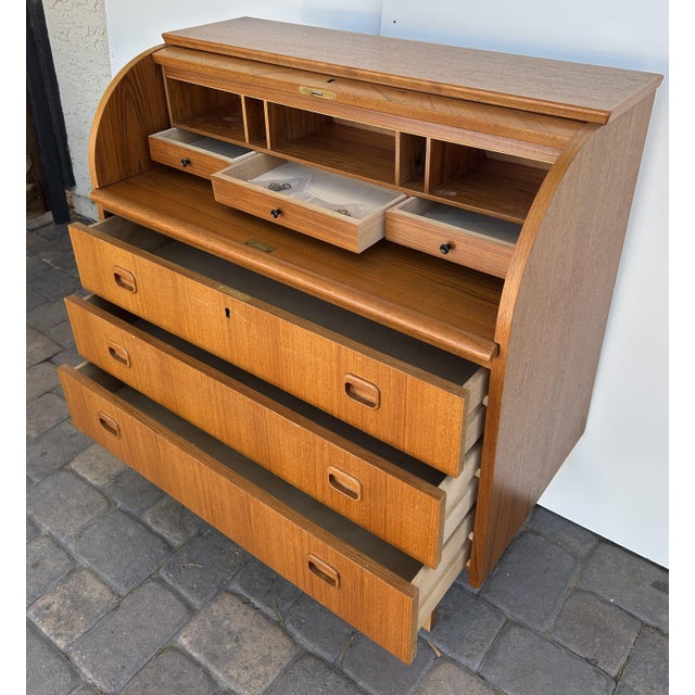 Dimensions 38.5” height 35.5” Length 18” Width Vintage 1960s Egon Østergaard Teak Rolltop Secretary Desk - Danish Modern...