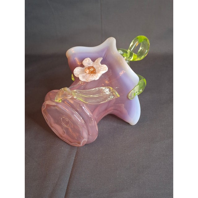 Antique Stevens & Williams Art Glass Basket - Pink Opalescent Cased Glass - Applied Flower & Stem - Uranium Vaseline Glass Handle - Circa 1880s For Sale - Image 11 of 18
