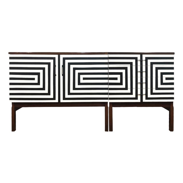 Polish Modular Sideboard with Op Art Motif in Glass, 1970, Set of 2 For Sale