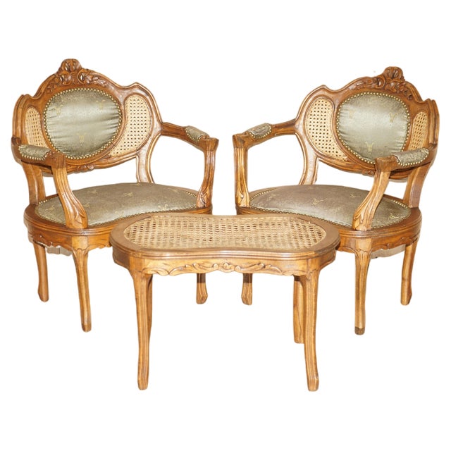 Antique Napoleon III Bergere Armchairs and Matching Table, 1890, Set of 3 For Sale