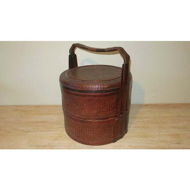 Brown Antique Basket in Wood and Rattan with Three Sections, 1900 For Sale - Image 8 of 11