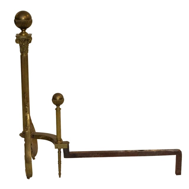 Decorative Vintage Neoclassical-Inspired Brass and Iron Andirons For Sale - Image 4 of 8