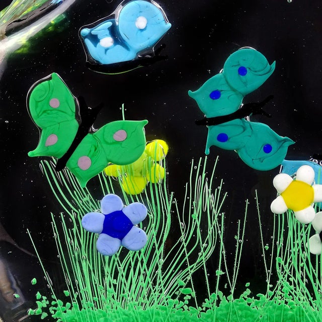 Blue Murano Flying Butterfly Colorful Wild Flower Garden Scene Vintage Italian Art Glass Block Sculpture For Sale - Image 8 of 10