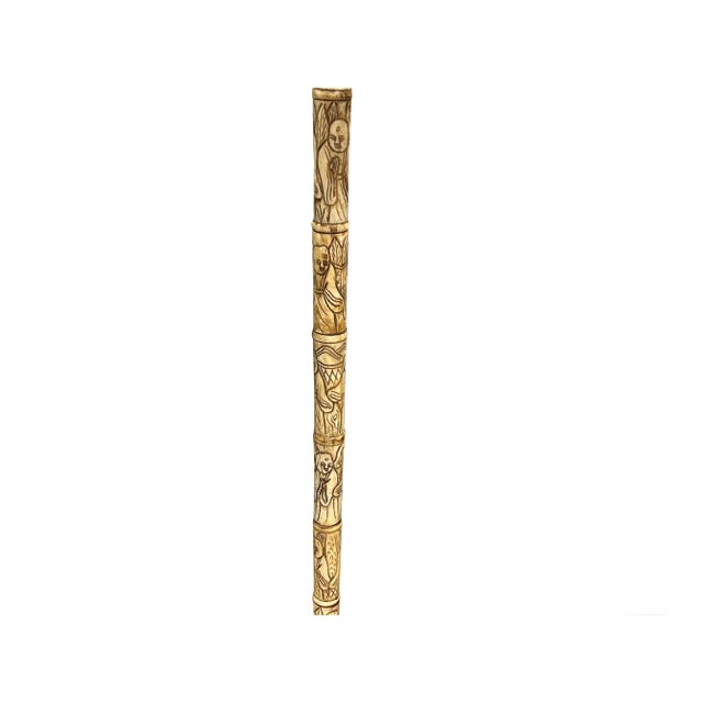 Vintage Chinese Monk Lohon Engraved Motif Bone Color Resin Inset Walking Stick For Sale - Image 9 of 12