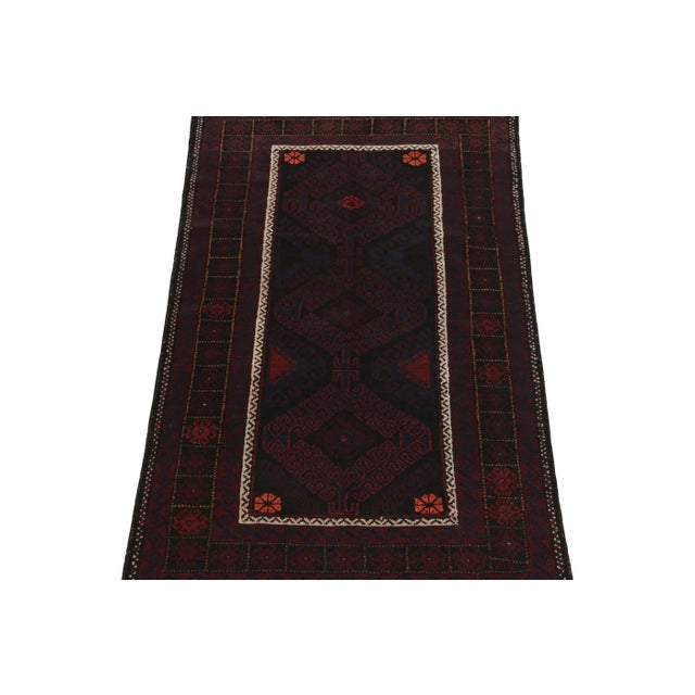 Tribal 1950s Vintage BaRug & Kilim’s Baluch Runner Rug With Black, Burgundy and Blue Geometric Patterns For Sale - Image 3 of 8