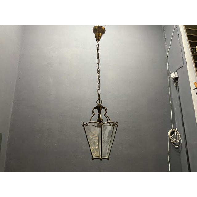 Metal Vintage Brass Etched Glass Latern Pendant Light, 1950s For Sale - Image 7 of 9