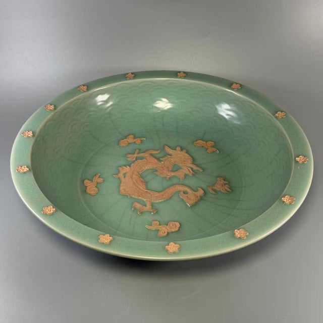Vintage Chinese Longquan Celadon Crackle‑Glaze Shallow Plate With Relief Dragon Motif For Sale - Image 4 of 11