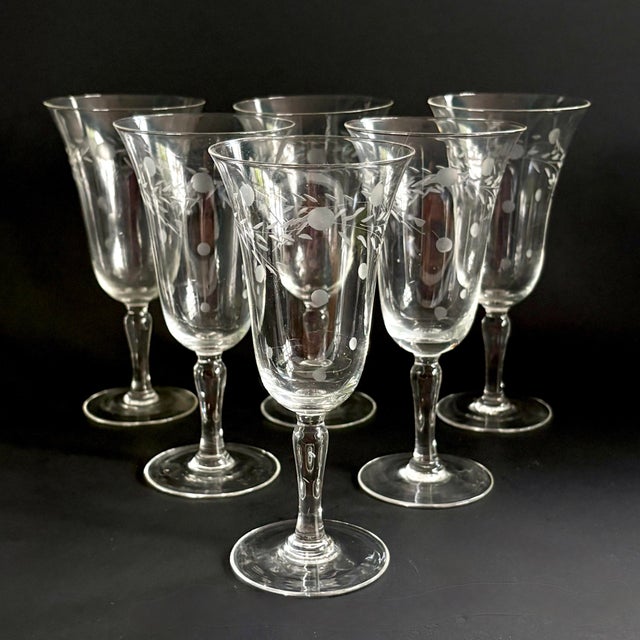 Glass Vintage Willow Moon Water Gobblets, Set of 6 - By Pioneer - Mid Century Etched Tall Wine Champagne Glasses For Sale - Image 7 of 10
