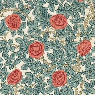 Morris & Co Rambling Rose Wallpaper in Emery Blue/Spring Thicket For Sale