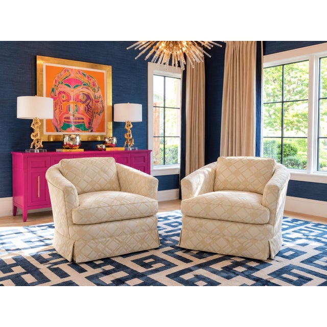 Classic Henredon club chairs in gorgeous yellow diamond patterned upholstery with goosedown pillows!