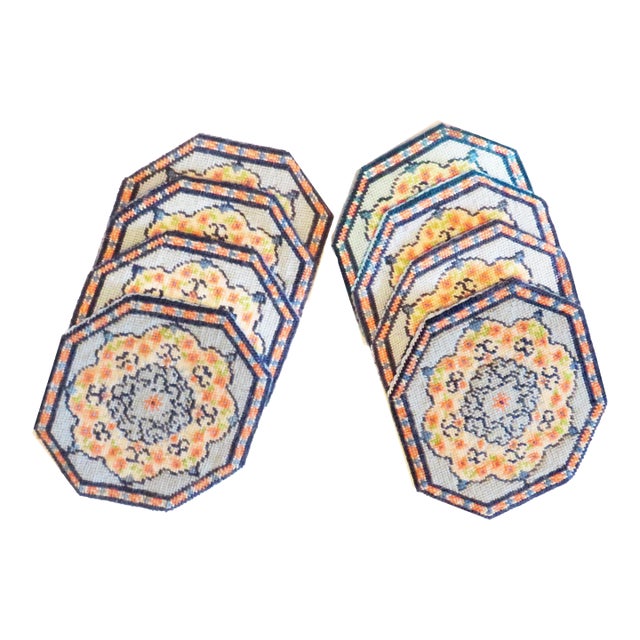 Artisan-Made French Blue Needlepoint / Petit Point Coasters, Set of 8 For Sale