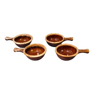 Vintage Four Usa Hull Glazed Pottery Onion Soup Handle Bowls For Sale
