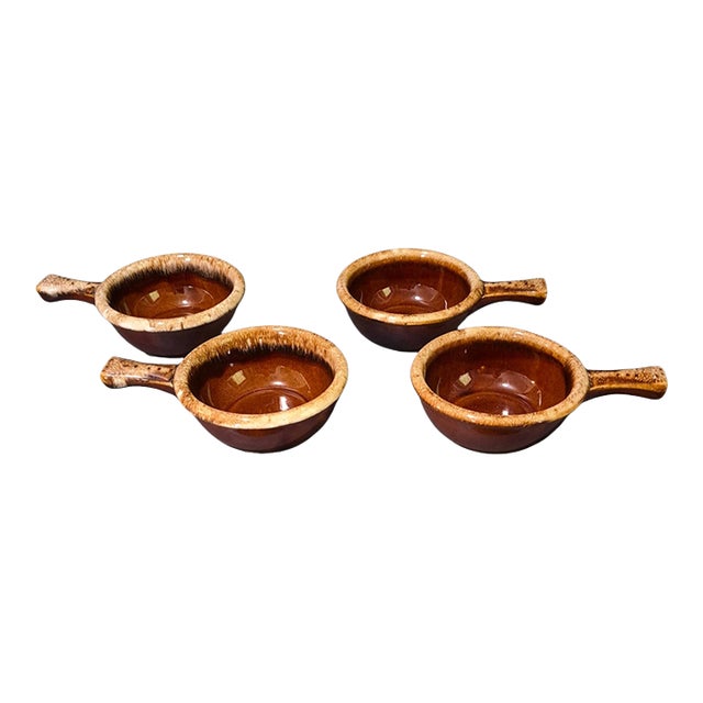 Vintage Four Usa Hull Glazed Pottery Onion Soup Handle Bowls For Sale