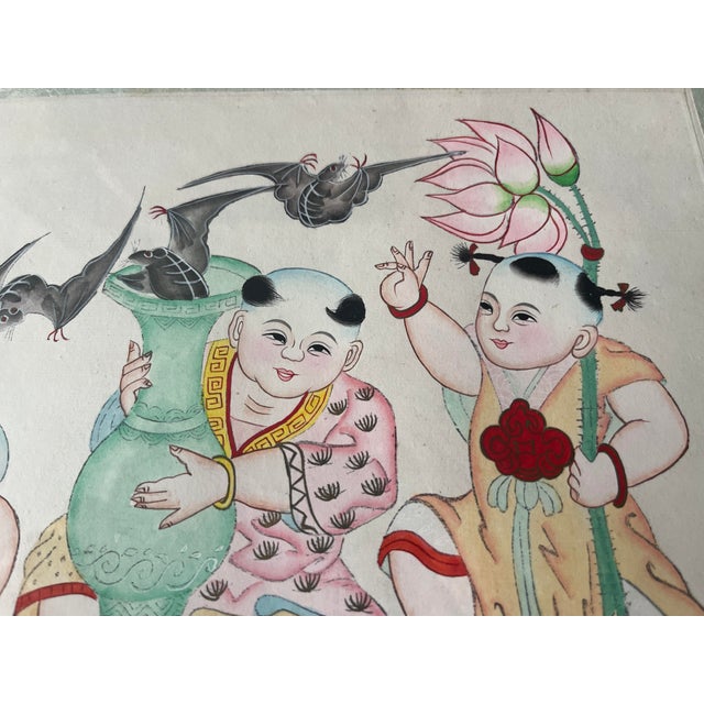 Early 20th Century Antique Chinese Oil Painting Children Playing With Flying Bats Unsigned For Sale - Image 5 of 6