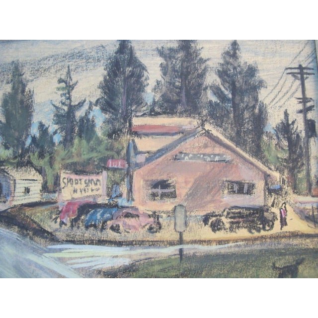 Charles Heaney framed original casein painting on board, untitled street scene, most likely in rural Oregon. Simple wood...