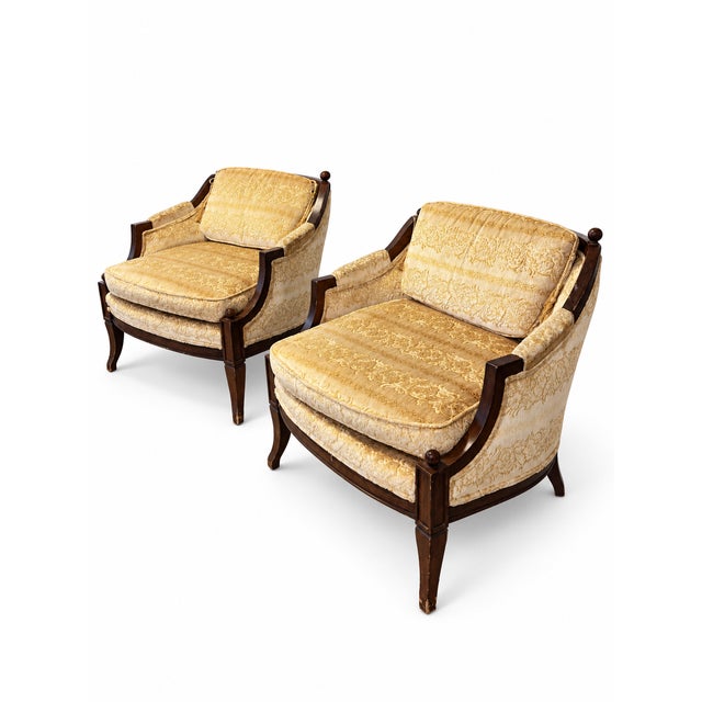 Hollywood Regency Vintage Hollywood Regency Gold Damask Barrel Lounge Chairs — Pair For Sale - Image 3 of 12