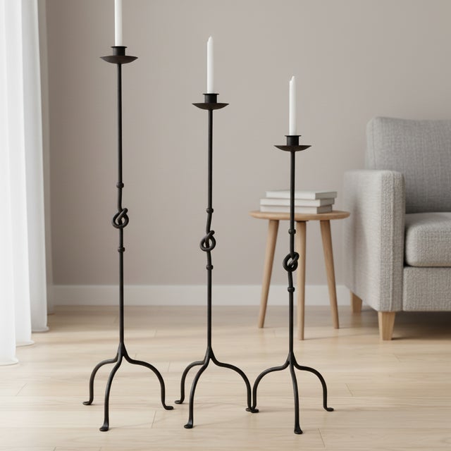 Rustic Hand Forged Iron Candelabra Set of 3 (80-100cm) Antique Copper Finish Love Knot Stem Floor Set For Sale - Image 3 of 6