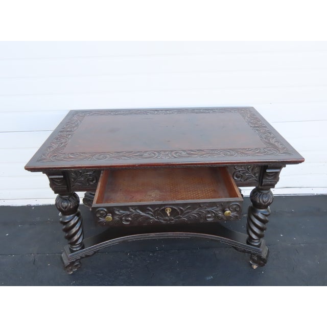 Early 1900s Heavy Carved Tiger Oak Library Console Table Partner Desk 6571a For Sale In Miami - Image 6 of 18