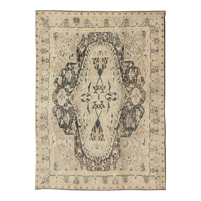 Turkish Antique Sevas Rug With Fine Weave in Gray Green and Taupe 6'6" X 8'9" For Sale