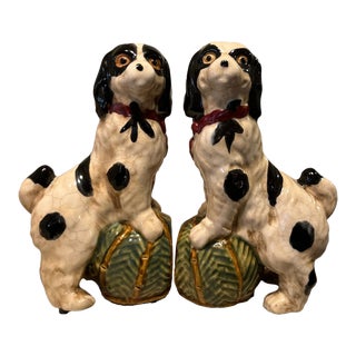 Vintage Pair Ceramic Majolica Dog Bookends For Sale