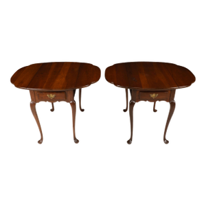 1970s Pair Hitchcock Solid Cherry Drop Leaf Side Tables Queen Anne Style End Tables