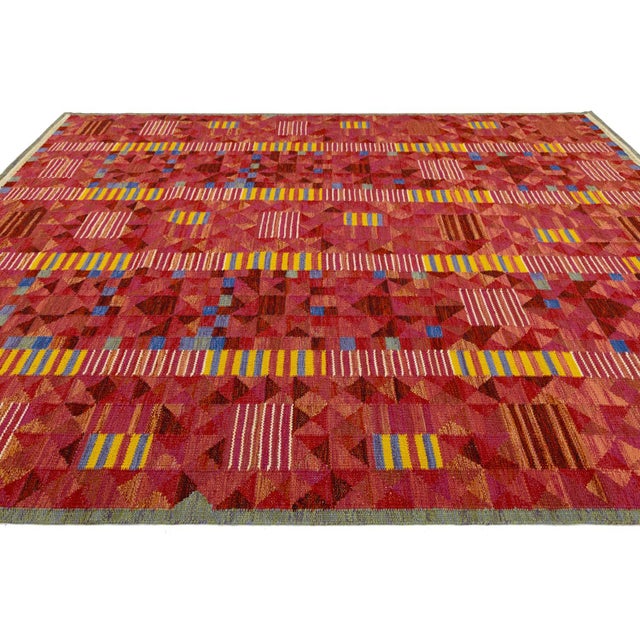 Modern Scandinavian Red Kilim – Handmade Geometric Flatweave Wool 9x12 For Sale - Image 4 of 10
