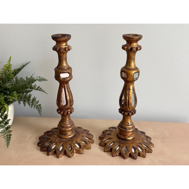 Spanish Florentine Candlesticks - Mirrored Wood, Gilt Gold, Vintage Candle Holders For Sale - Image 10 of 10