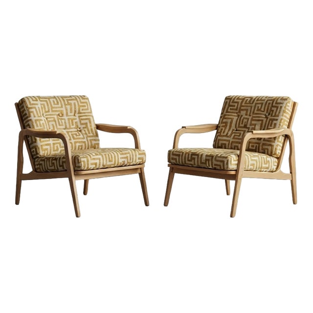 Mid-Century Modern Hungarian Lounge Chairs in Geometric Yellow Pattern Fabric with Light Wood Frames, 1970s, Set of 2 For Sale
