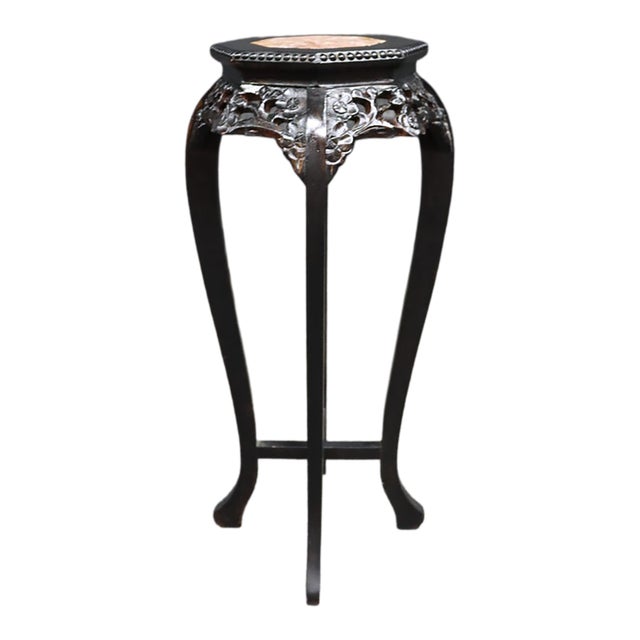 Chinese Carved Hardwood Plant Stand With Pink Marble Top For Sale