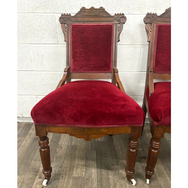 Late 20th Century Antique 19th Century Victorian Eastlake Crushed Red Velvet Parlor Side Chairs For Sale - Image 5 of 10